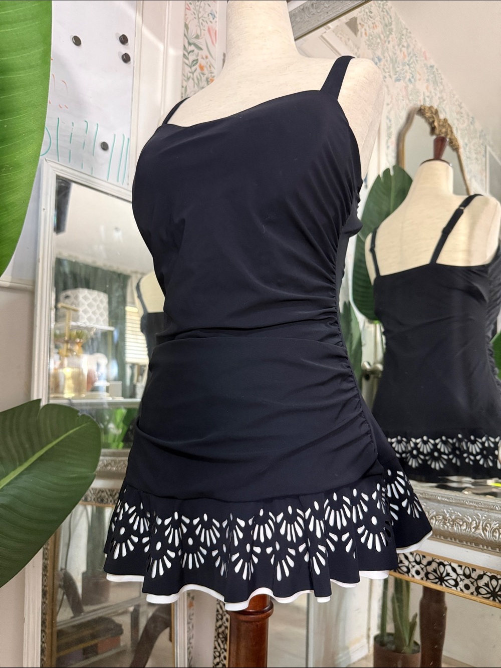 Profile by Gottex 12D Black One-Piece Swimdress White Cutout Hem tutti frutti
